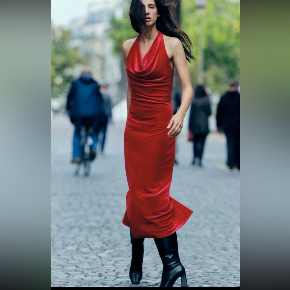 Zara red velvet midi dress